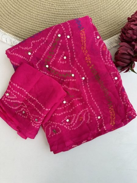 Artistic Hot Pink Festival Wear Pure Moss Crepe Bandhej Saree with Original Mirror Detailing Bandhej Sarees Wholesale
