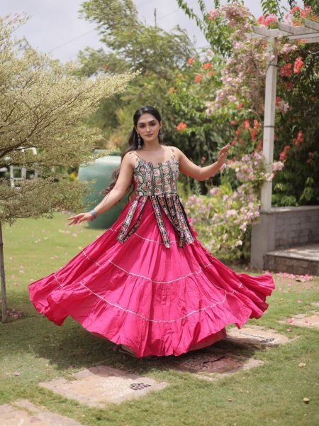 Artistic Hot Pink Premium Kora Cotton Frill Lehenga with Sleeveless Blouse For Garba  Lehenga