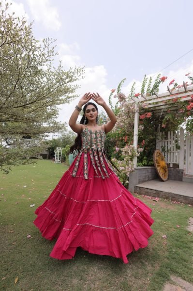 Artistic Hot Pink Premium Kora Cotton Frill Lehenga with Sleeveless Blouse For Garba Navratri Lehnega Choli