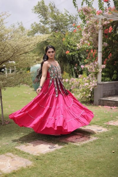 Artistic Hot Pink Premium Kora Cotton Frill Lehenga with Sleeveless Blouse For Garba Navratri Lehnega Choli