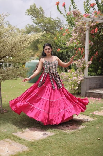 Artistic Hot Pink Premium Kora Cotton Frill Lehenga with Sleeveless Blouse For Garba Navratri Lehnega Choli
