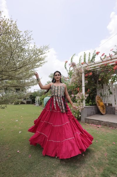 Artistic Hot Pink Premium Kora Cotton Frill Lehenga with Sleeveless Blouse For Garba Navratri Lehnega Choli