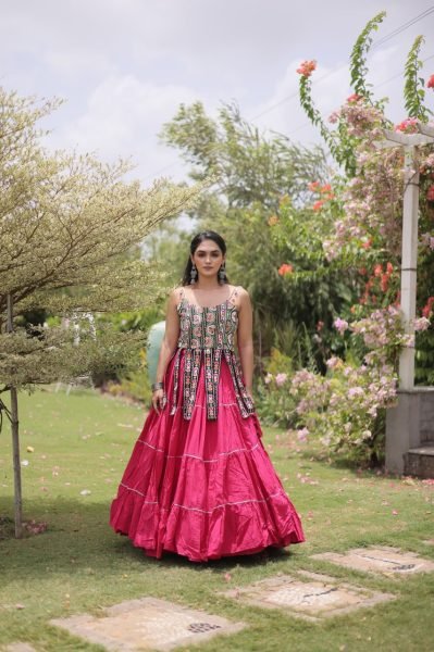 Artistic Hot Pink Premium Kora Cotton Frill Lehenga with Sleeveless Blouse For Garba Navratri Lehnega Choli