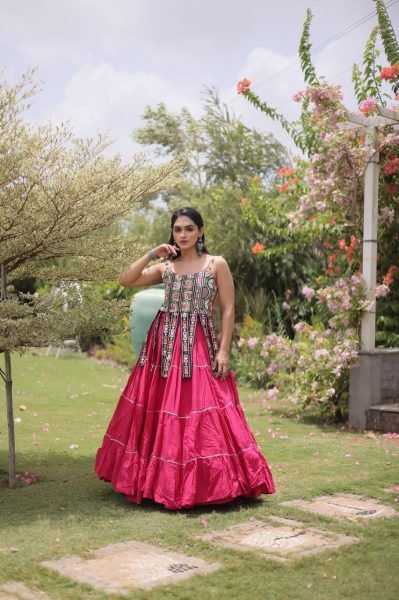 Artistic Hot Pink Premium Kora Cotton Frill Lehenga with Sleeveless Blouse For Garba Navratri Lehnega Choli