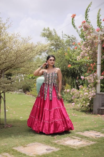 Artistic Hot Pink Premium Kora Cotton Frill Lehenga with Sleeveless Blouse For Garba Navratri Lehnega Choli