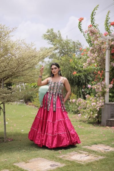 Artistic Hot Pink Premium Kora Cotton Frill Lehenga with Sleeveless Blouse For Garba Navratri Lehnega Choli