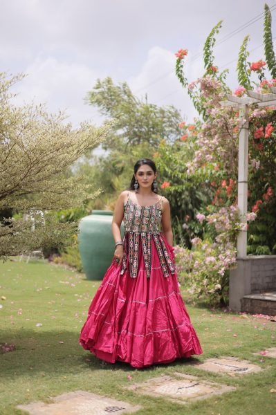 Artistic Hot Pink Premium Kora Cotton Frill Lehenga with Sleeveless Blouse For Garba Navratri Lehnega Choli