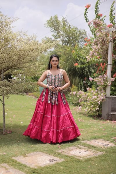 Artistic Hot Pink Premium Kora Cotton Frill Lehenga with Sleeveless Blouse For Garba Navratri Lehnega Choli