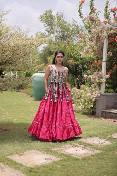 Artistic Hot Pink Premium Kora Cotton Frill Lehenga with Sleeveless Blouse For Garba Navratri Lehnega Choli