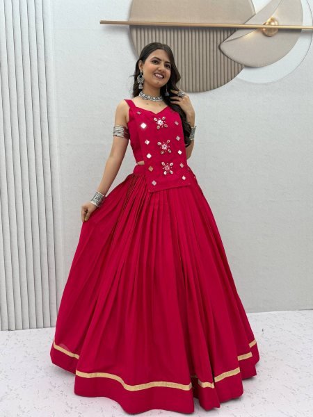 Artistic Hot Pink Pure Cotton Navratri Lehenga Choli with Mirror Handwork For Garba  Lehenga