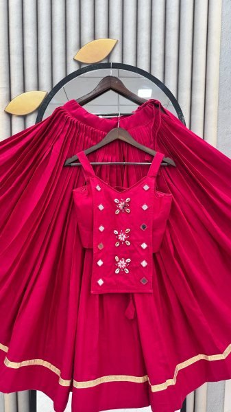 Artistic Hot Pink Pure Cotton Navratri Lehenga Choli with Mirror Handwork For Garba Navratri Lehnega Choli