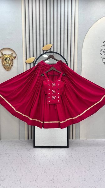Artistic Hot Pink Pure Cotton Navratri Lehenga Choli with Mirror Handwork For Garba Navratri Lehnega Choli