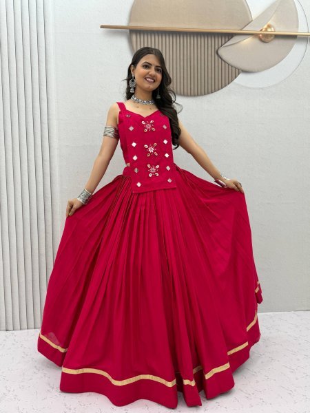 Artistic Hot Pink Pure Cotton Navratri Lehenga Choli with Mirror Handwork For Garba Navratri Lehnega Choli
