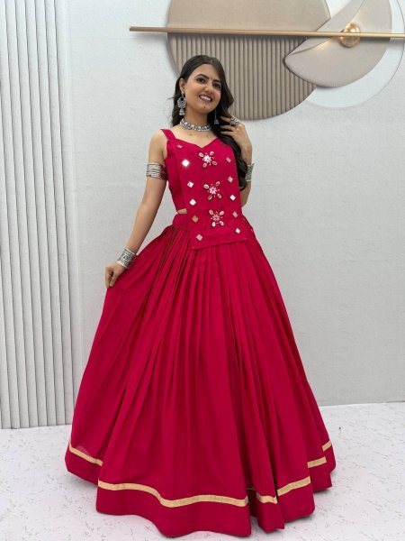 Artistic Hot Pink Pure Cotton Navratri Lehenga Choli with Mirror Handwork For Garba Navratri Lehnega Choli