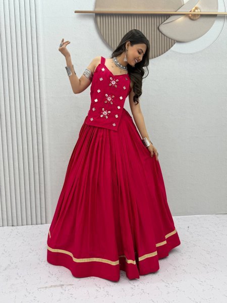 Artistic Hot Pink Pure Cotton Navratri Lehenga Choli with Mirror Handwork For Garba Navratri Lehnega Choli