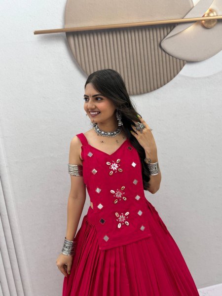 Artistic Hot Pink Pure Cotton Navratri Lehenga Choli with Mirror Handwork For Garba Navratri Lehnega Choli