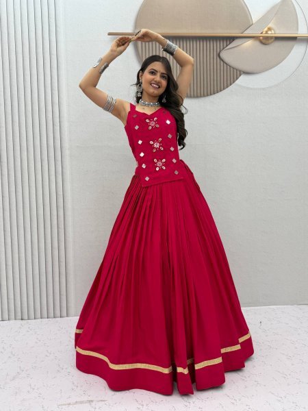 Artistic Hot Pink Pure Cotton Navratri Lehenga Choli with Mirror Handwork For Garba Navratri Lehnega Choli