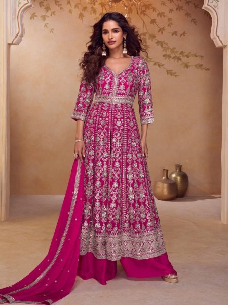 Artistic Hot Pink Real Chinon Embroidered Kurti Palazzo Set for Wedding Wear 