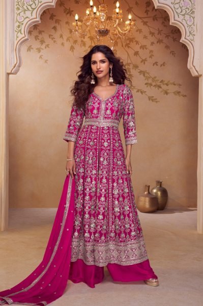 Artistic Hot Pink Real Chinon Embroidered Kurti Palazzo Set for Wedding Wear Designer Plazzo Salwar Suits Wholesale