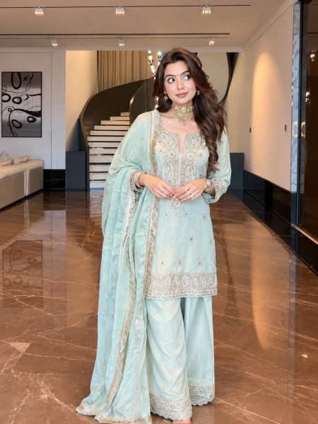 Artistic Ice Blue German Chinon Farsi Salwar Suit with Cording Sequin Embroidery 