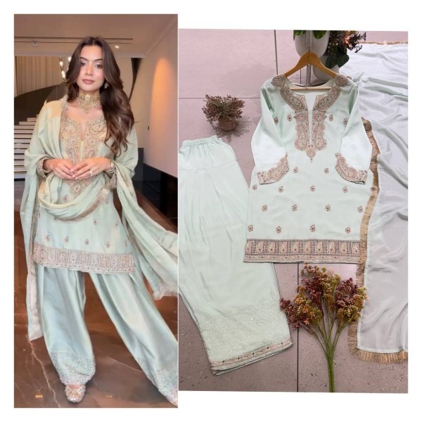 Artistic Ice Blue German Chinon Farsi Salwar Suit with Cording Sequin Embroidery Ready To Wear Collection