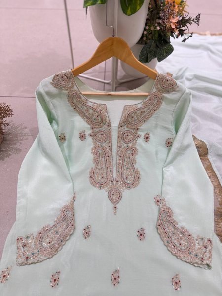 Artistic Ice Blue German Chinon Farsi Salwar Suit with Cording Sequin Embroidery Ready To Wear Collection