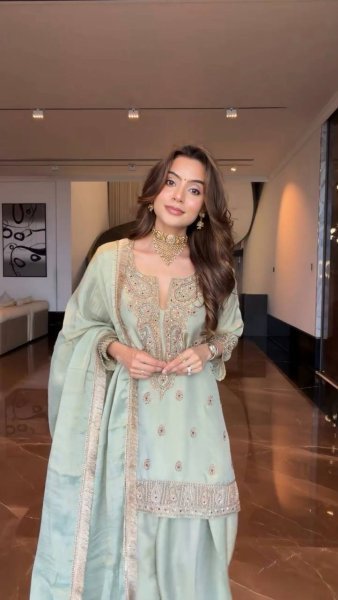 Artistic Ice Blue German Chinon Farsi Salwar Suit with Cording Sequin Embroidery Ready To Wear Collection
