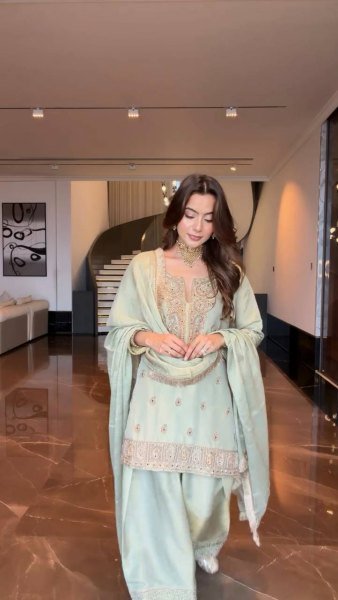 Artistic Ice Blue German Chinon Farsi Salwar Suit with Cording Sequin Embroidery Ready To Wear Collection
