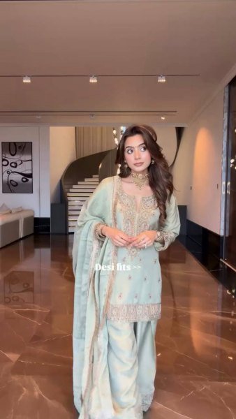 Artistic Ice Blue German Chinon Farsi Salwar Suit with Cording Sequin Embroidery Ready To Wear Collection