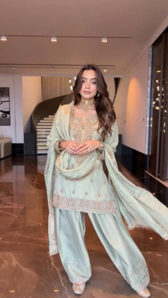 Artistic Ice Blue German Chinon Farsi Salwar Suit with Cording Sequin Embroidery Ready To Wear Collection