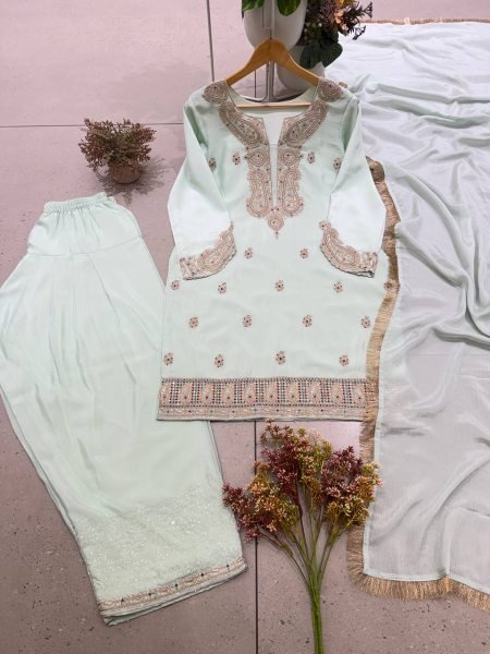 Artistic Ice Blue German Chinon Farsi Salwar Suit with Cording Sequin Embroidery Ready To Wear Collection