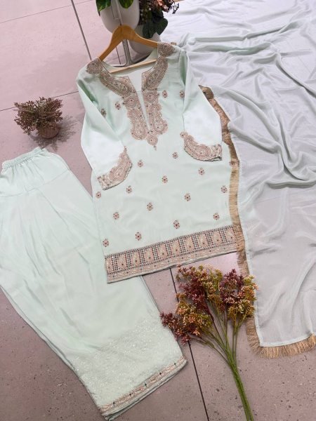 Artistic Ice Blue German Chinon Farsi Salwar Suit with Cording Sequin Embroidery Ready To Wear Collection