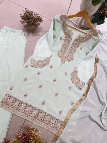 Artistic Ice Blue German Chinon Farsi Salwar Suit with Cording Sequin Embroidery Ready To Wear Collection