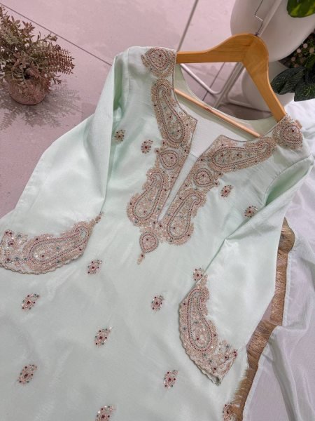 Artistic Ice Blue German Chinon Farsi Salwar Suit with Cording Sequin Embroidery Ready To Wear Collection