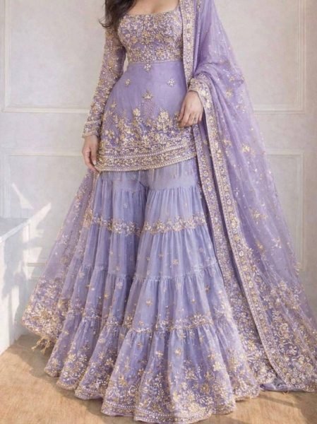Artistic Lavender Heavy Embroidered Faux Georgette Top with Fancy Latkan Detailing Ready To Wear Collection