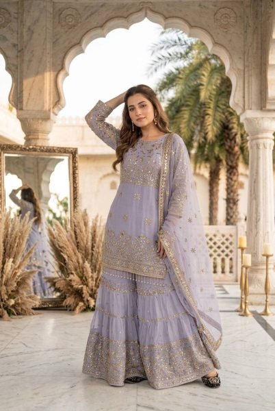Artistic Lavender Heavy Embroidered Faux Georgette Top with Fancy Latkan Detailing Ready To Wear Collection