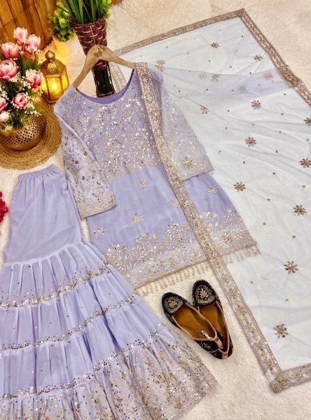 Artistic Lavender Heavy Embroidered Faux Georgette Top with Fancy Latkan Detailing Ready To Wear Collection