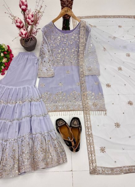 Artistic Lavender Heavy Embroidered Faux Georgette Top with Fancy Latkan Detailing Ready To Wear Collection