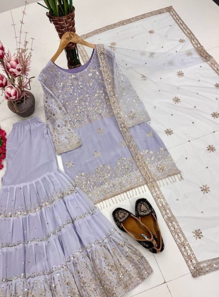 Artistic Lavender Heavy Embroidered Faux Georgette Top with Fancy Latkan Detailing Ready To Wear Collection
