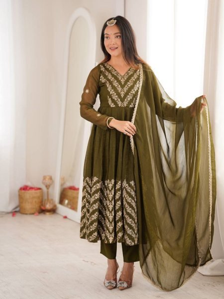 Artistic Mahendi Crunchy Anarkali Suits Set With Sequence Work For Anarkali Kurti Manufacturer Ready To Wear Suit
