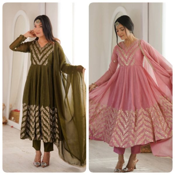 Artistic Mahendi Crunchy Anarkali Suits Set With Sequence Work For Anarkali Kurti Manufacturer Ready To Wear Collection