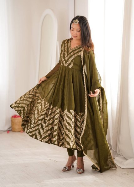 Artistic Mahendi Crunchy Anarkali Suits Set With Sequence Work For Anarkali Kurti Manufacturer Ready To Wear Collection