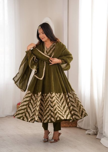 Artistic Mahendi Crunchy Anarkali Suits Set With Sequence Work For Anarkali Kurti Manufacturer Ready To Wear Collection