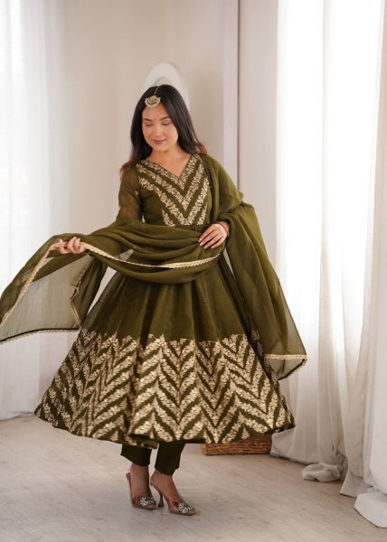 Artistic Mahendi Crunchy Anarkali Suits Set With Sequence Work For Anarkali Kurti Manufacturer Ready To Wear Collection