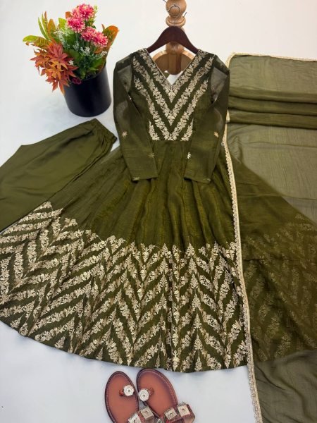 Artistic Mahendi Crunchy Anarkali Suits Set With Sequence Work For Anarkali Kurti Manufacturer Ready To Wear Collection