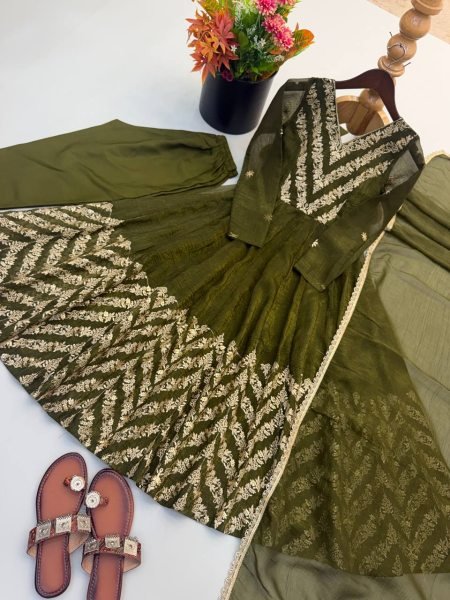 Artistic Mahendi Crunchy Anarkali Suits Set With Sequence Work For Anarkali Kurti Manufacturer Ready To Wear Collection