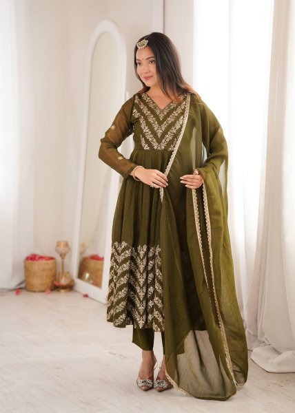 Artistic Mahendi Crunchy Anarkali Suits Set With Sequence Work For Anarkali Kurti Manufacturer Ready To Wear Collection