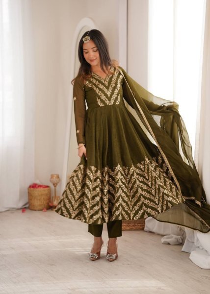 Artistic Mahendi Crunchy Anarkali Suits Set With Sequence Work For Anarkali Kurti Manufacturer Ready To Wear Collection