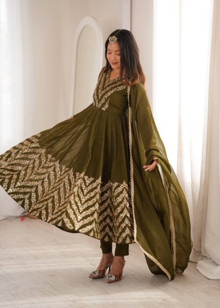 Artistic Mahendi Crunchy Anarkali Suits Set With Sequence Work For Anarkali Kurti Manufacturer Ready To Wear Collection
