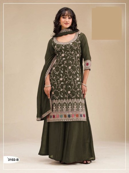 Artistic Mahendi Green Premium Party Wear Suit Set with Embroidered Dupatta and Bottom Salwar Kameez